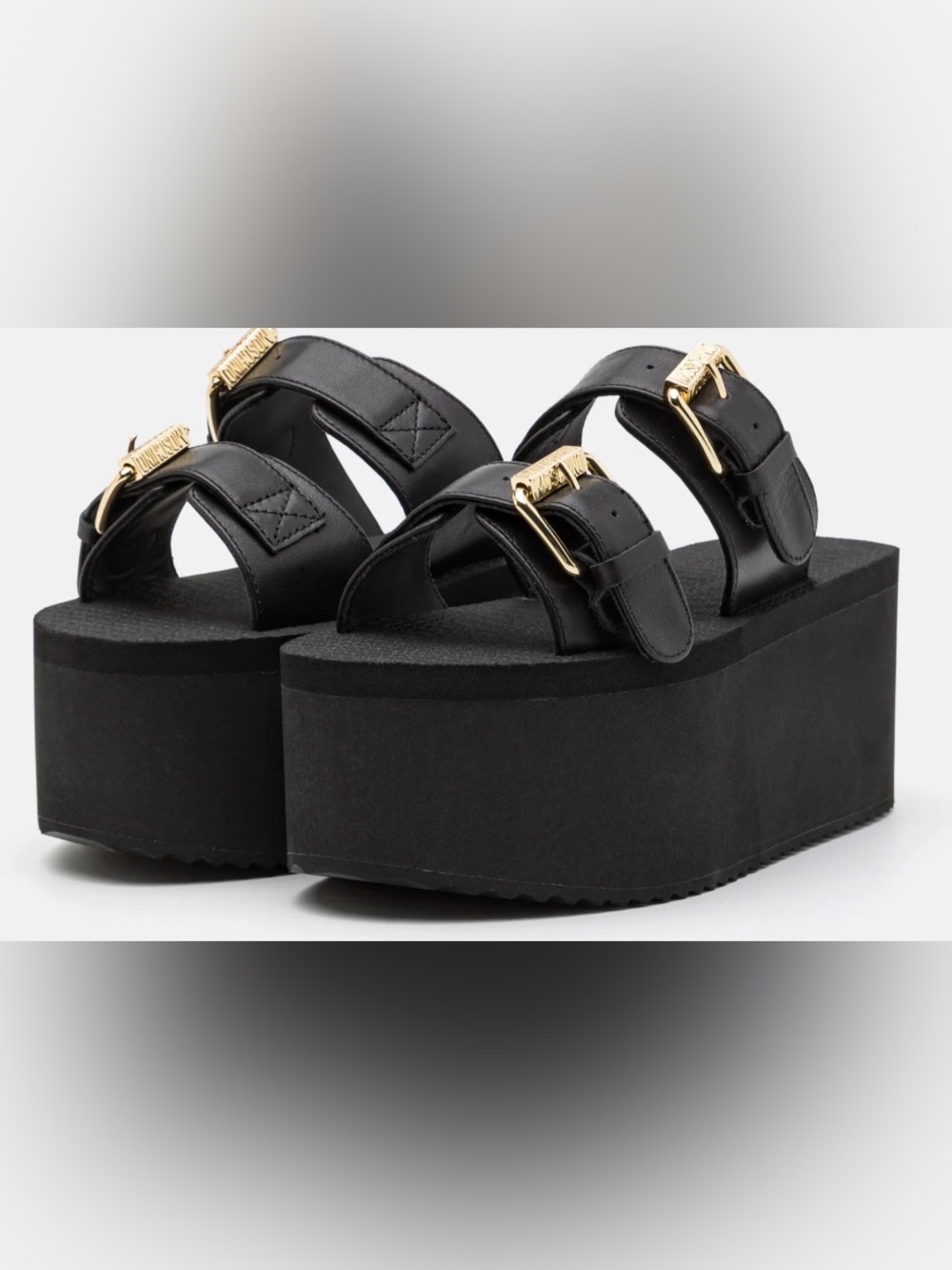 Moschino Black Platform wedge Slide Sandals with Gold Buckles. NERO